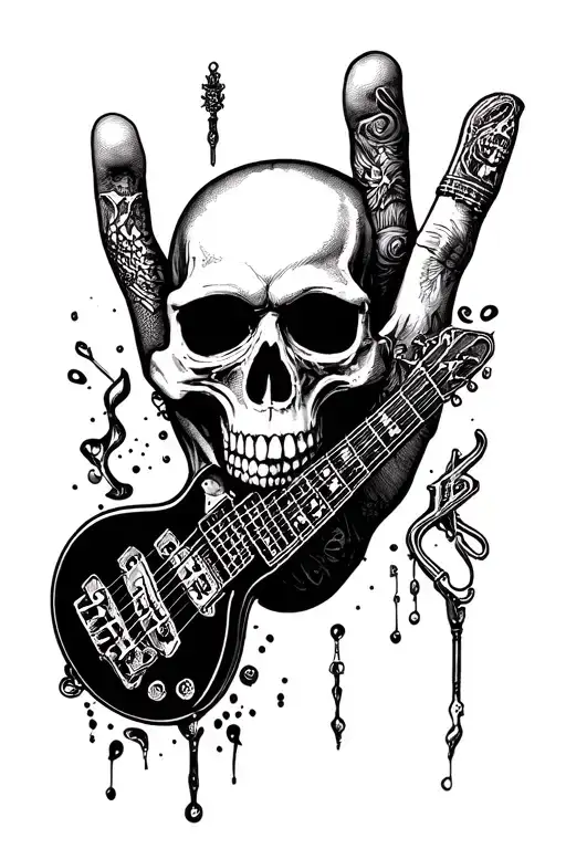 Tatoo On The Forearm With Logos Of My Favorite Music Groups And A Skull That Makes The Rocker Sign