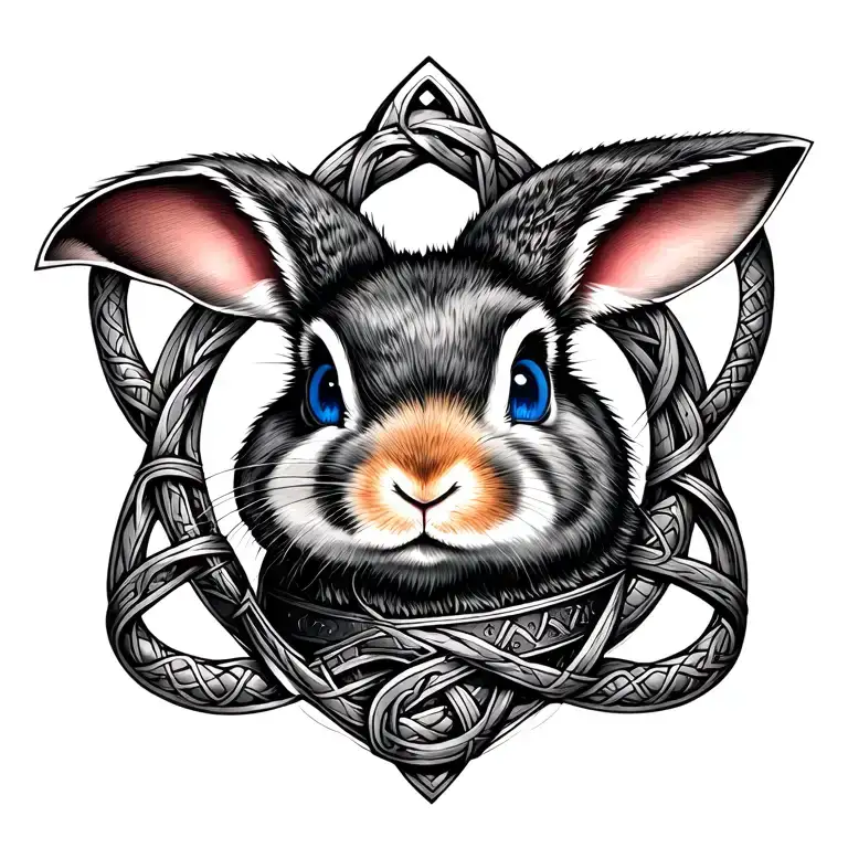Rabbit With Blue Eyes On Armor Tattoo Design Featuring Celtic Trinity Knot