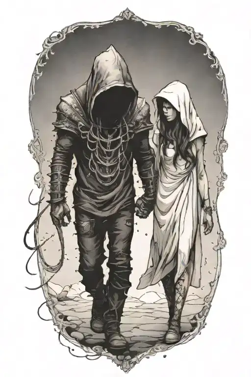 A Girl And A Huge Hooded Beast Or Demon Walking Side By Side Holding Hands