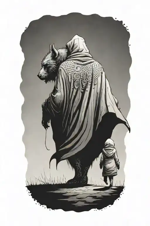 A Small Woman And A Giant Hooded Beast Walking Side By Side