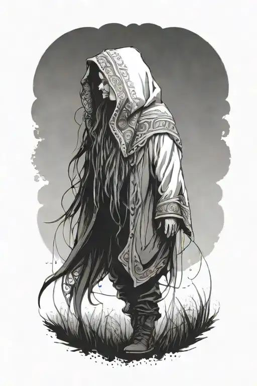 A Woman With Long Hair And A Large Hooded Beast Walking Side By Side