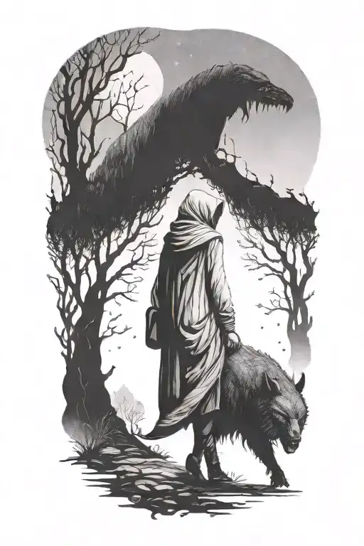 A Small Woman Walking Beside A Huge Shadowy Hooded Beast