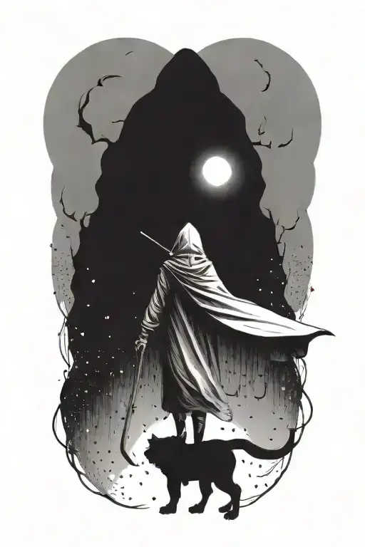 A Small Woman And A Huge Hooded Demon Beast Walking Away