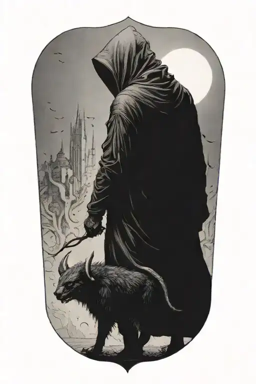 A Small Woman And A Huge Hooded Demon Beast Walking Away