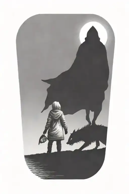 A Girl With Her Hand On A Huge Hooded Demon Beast Walking Away