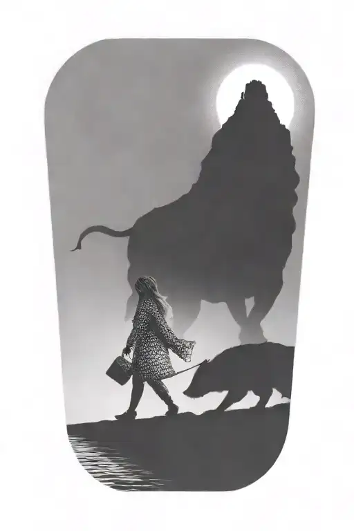 A Girl With Her Hand On A Huge Beast Walking Away