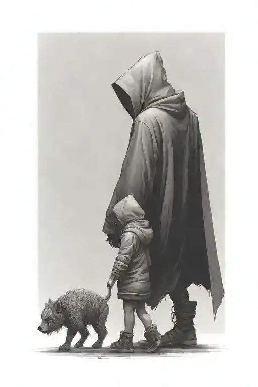 A Girl And Huge Hooded Beast Walking Side By Side