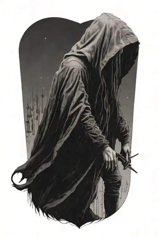 A Girl And A Huge Hooded Beast Shadowed In Darkness Walking Away Side By Side