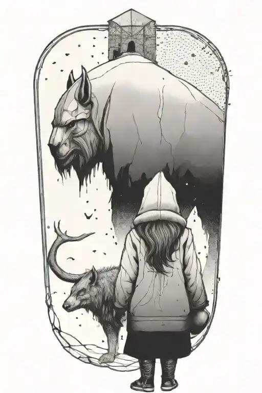A Girl And A Huge Hooded Beast Walking Away Together