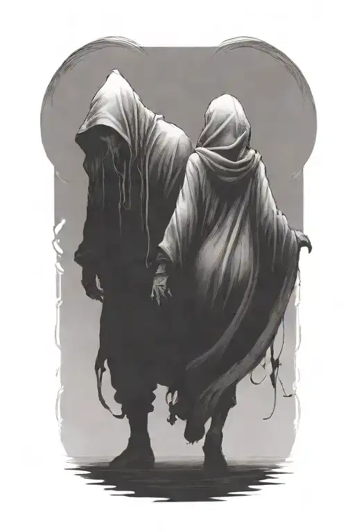 A Woman And A Huge Hooded Demon Beast Walking Away Together