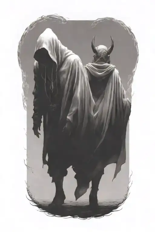 A Woman And A Huge Hooded Demon Beast Walking Away Together