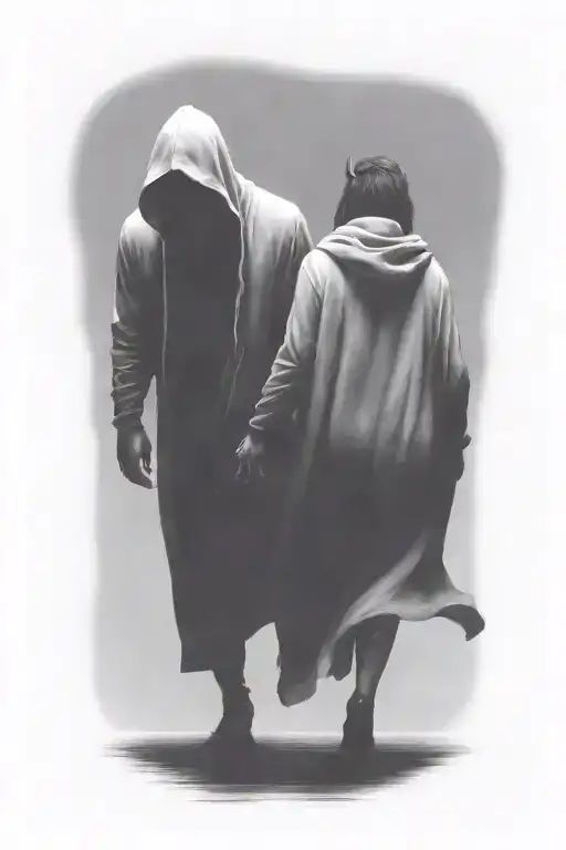 Giant Muscular Hooded Beast And A Demon Woman Walking Away