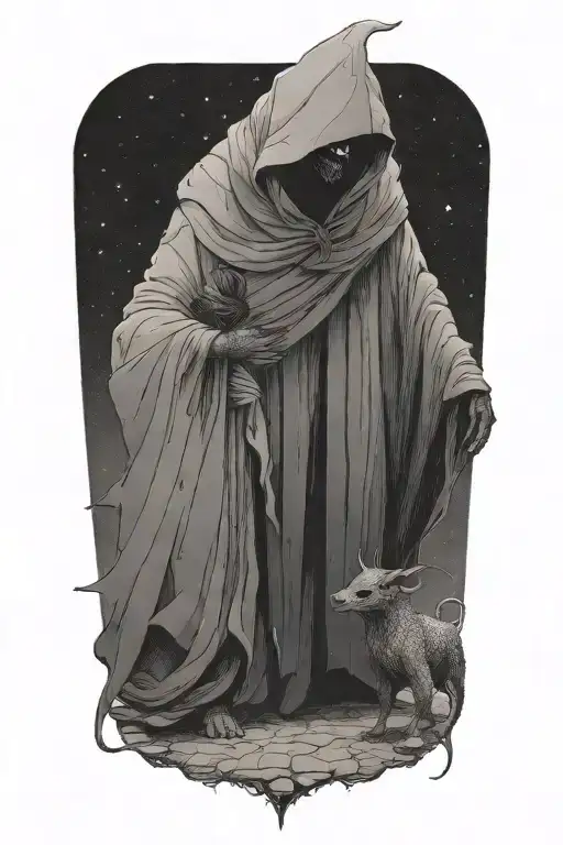 A Small Woman Soothing A Giant Hooded Demon Beast Walking Away Together