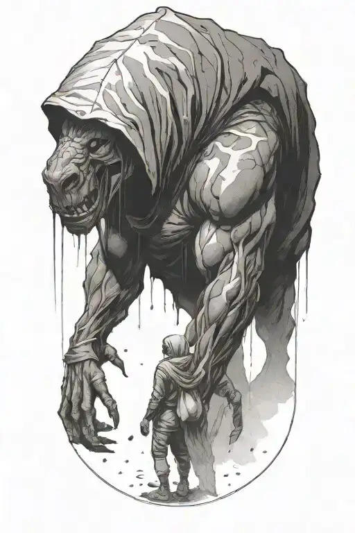 A Huge Muscular Hooded Beast Being Soothed By A Small Woman As They Walk Away