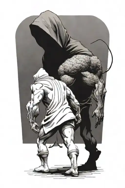 A Huge Muscular Hooded Beast And A Small Woman Walking Away
