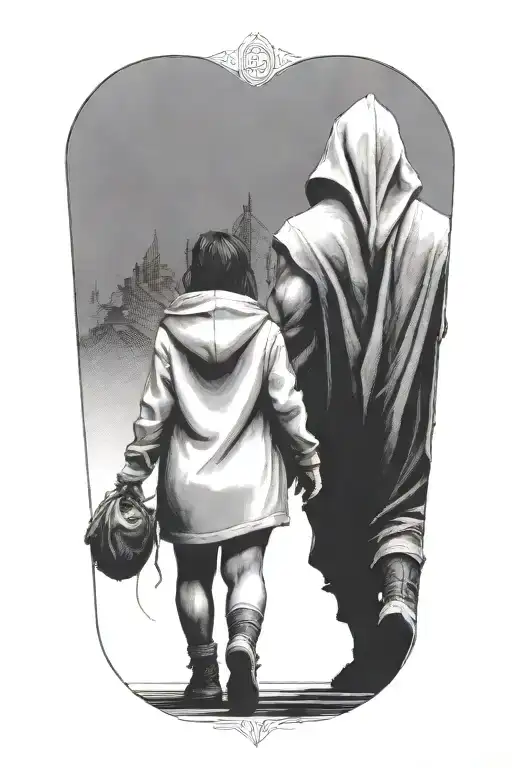 A Huge Muscular Hooded Beast And A Small Woman Walking Away