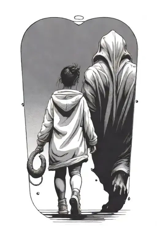 A Small Woman Soothing A Huge Demon Beast Walking Away