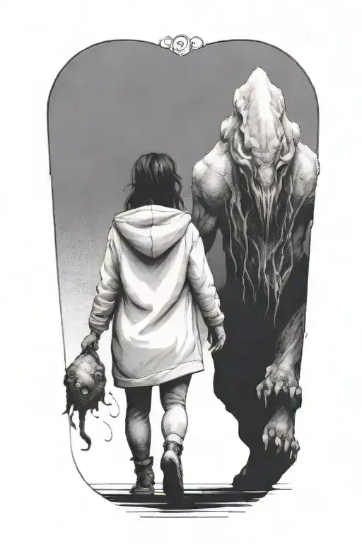 A Small Woman Soothing A Huge Demon Beast Walking Away