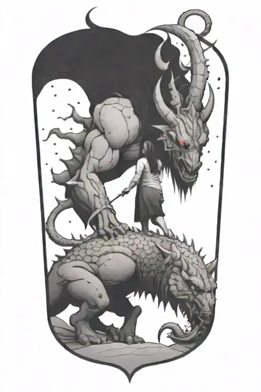 A Small Woman Soothing A Huge Demon Beast Walking Away