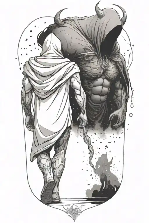 A Huge Muscular Hooded Demon And A Small Woman Walking Away