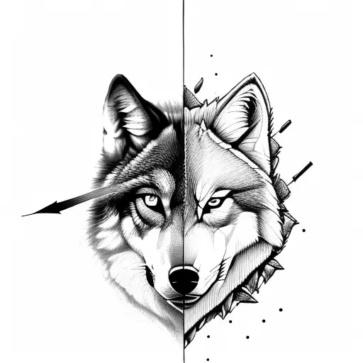 A Half Digital Wolf And Half Real Wolf With Fierce Look And An Arrow In Mid