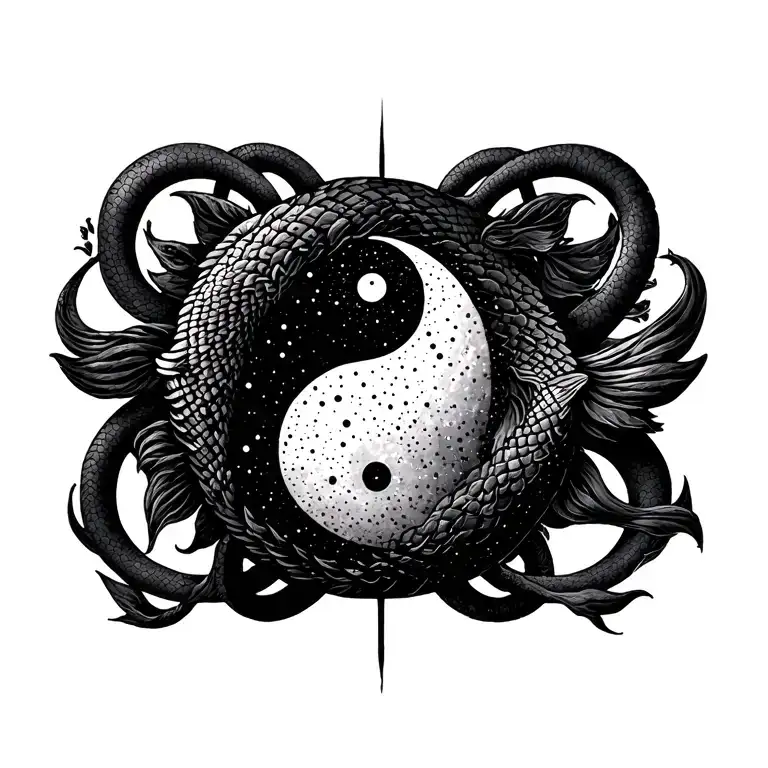 Combination Of The Pisces Sign With Yin-yang Symbol And With Ouroboros Serpent Around It