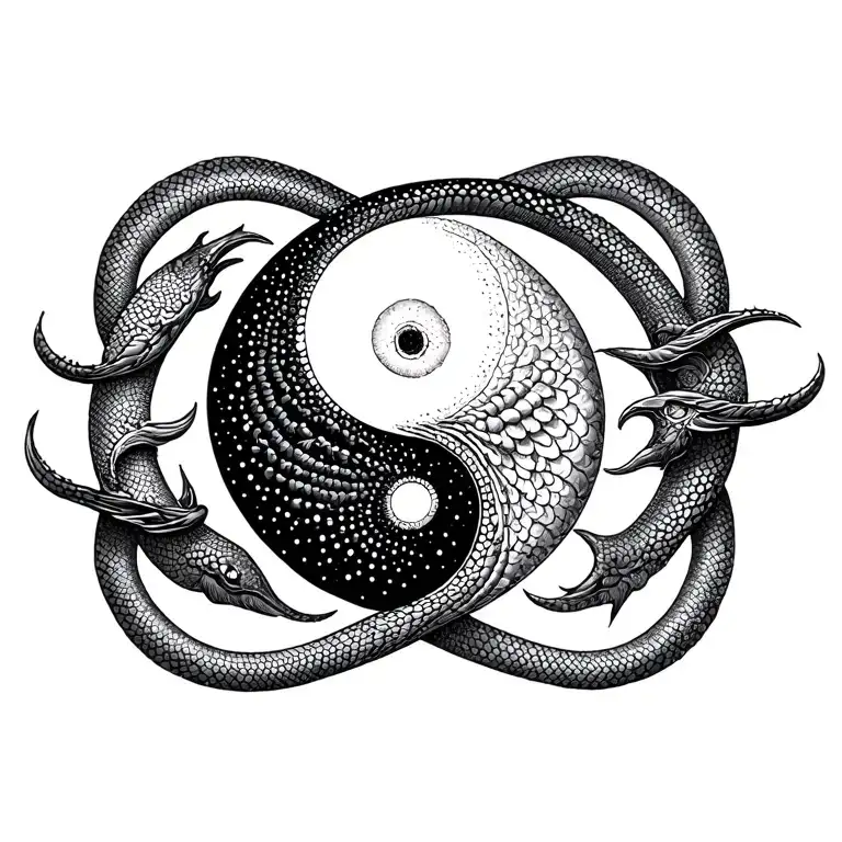 Combination Of The Pisces Sign With Yin-yang Symbol And With Ouroboros Serpent Around It