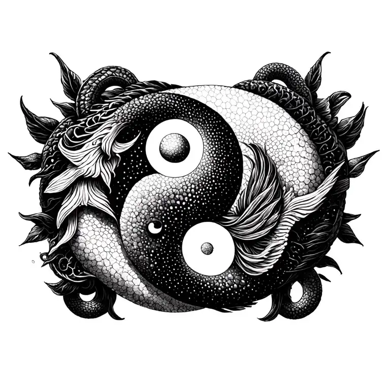 Combination Of The Pisces Sign With Yin-yang Symbol And With Ouroboros Serpent Around It