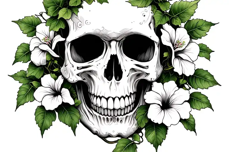 Skull With Ivy Vines Wrapped Around The Skull With Hibiscus Flowers