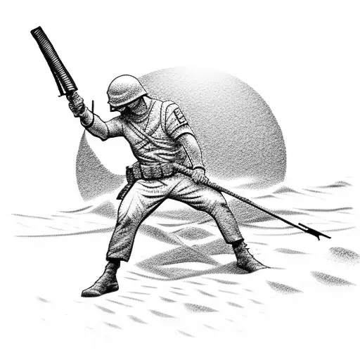 A Sun Rising Over A Sandy Beach With A Silhouette Of A Marine Corps Soldier Holding A Shepherd Staff