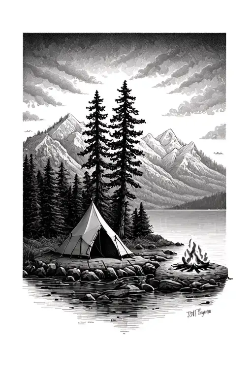Lake With Trees And Mountains With A Campfire And Tent On The Shore