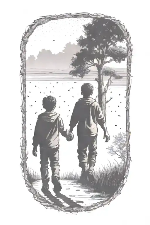 Siloutte Of An Older Brother And Younger Brother Walking Away Hand In Hand