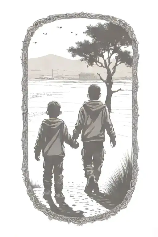 Younger Brother And Older Brother Walking Away Hand In Hand