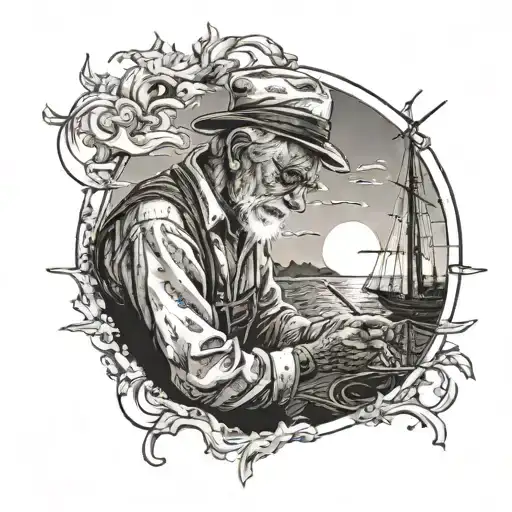 A Grandad Peacefully Painting A Beautiful Sunset Scene While Sailing On A Ship