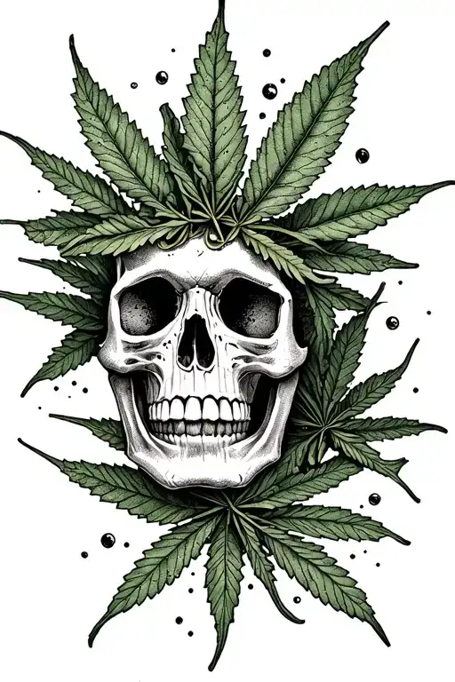 Skull And Weed Leaf Intertwined