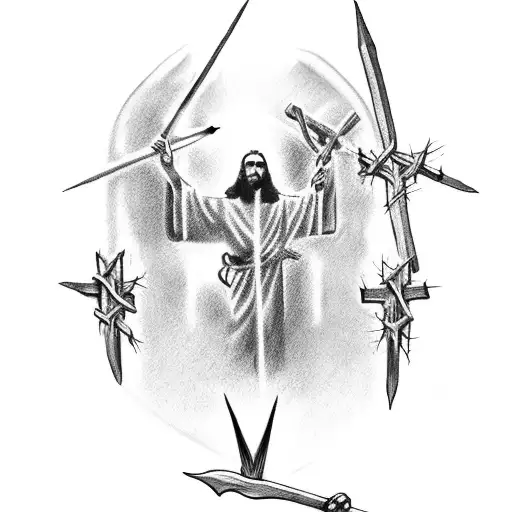 Jesus Hanged On Cross Wearing Crown Of Thorns And Impaled By A Spear In His Side