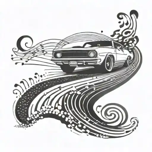 A Dotwork Tattoo Of A Sleek Car Speeding Down A Winding Road With Musical Notes Trailing Behind
