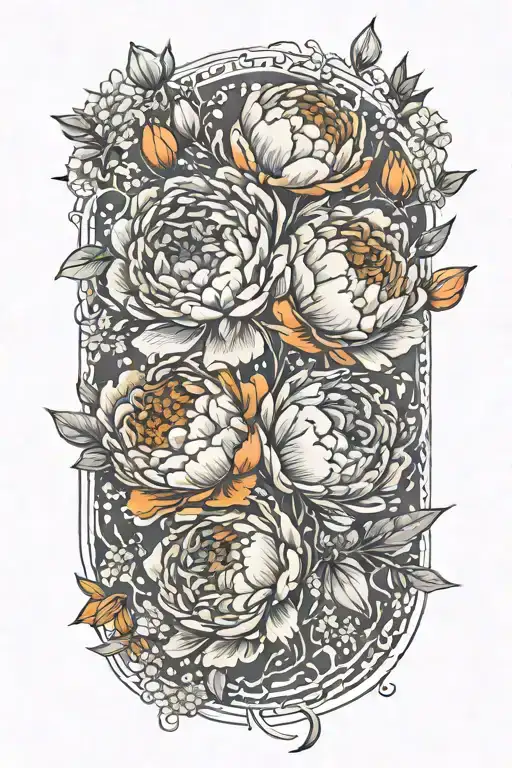 A Peony And Larkspur Bouquet Intertwined With Paintbrushes And Splashes Of Orange Paint