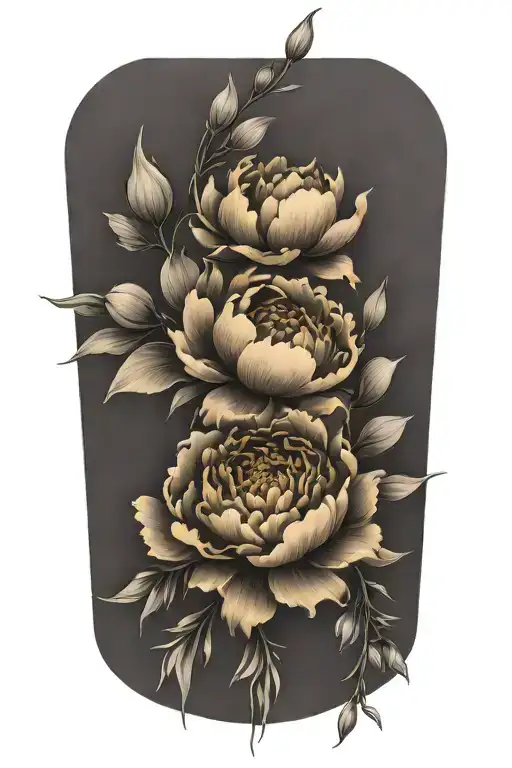 A Peony And Larkspur Bouquet Intertwined With Paintbrushes And Splashes Of Orange Paint