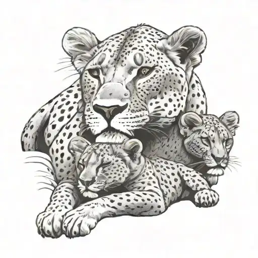 A Dotwork Illustration Of A Lioness And Her Cubs Napping In The Sun