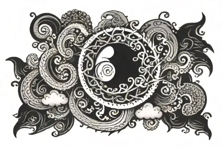 Traditional Sun With Spiral Clouds Beneath It Extending To The Right