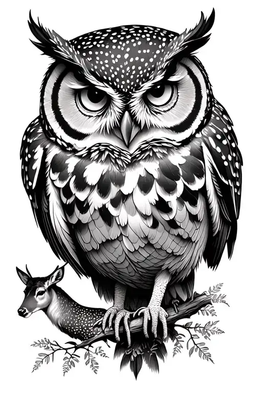 Owl Perched In Nature With A Deer Behind