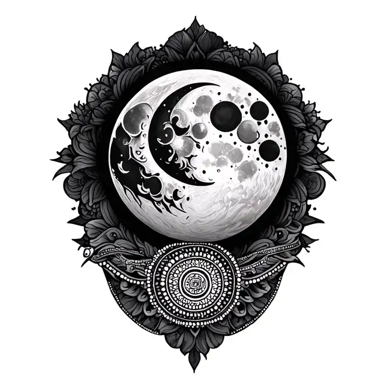 Upper Arm Tattoo With Moon And A Mandala Underneath And An Armband