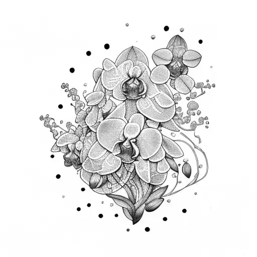 A Dotwork Illustration Of A Colorful Orchid Surrounded By Lush Foliage
