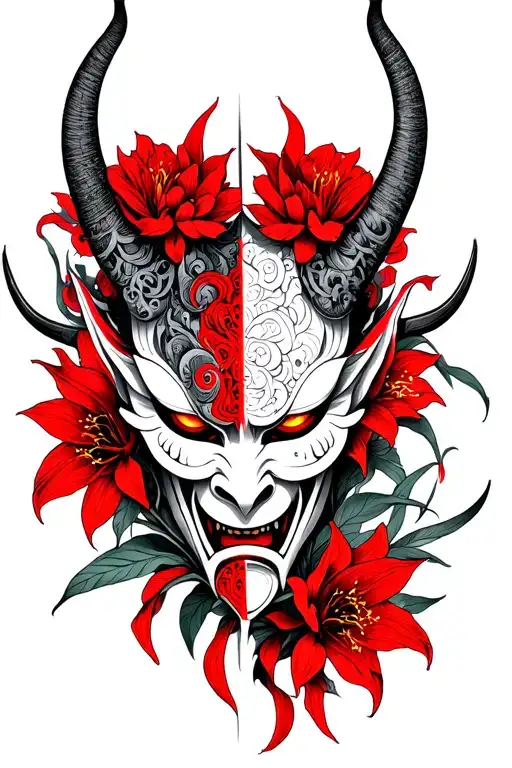 Red Lycoris Flowers And Oni Demon Mask Split