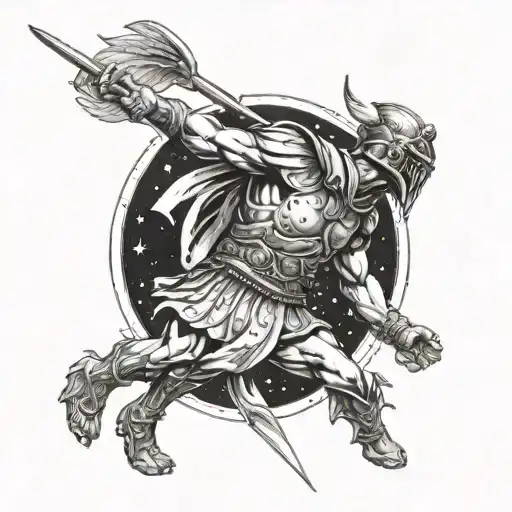 A Historical Tattoo Of A Roman Gladiator Fighting A Mythical Creature In A Space Setting