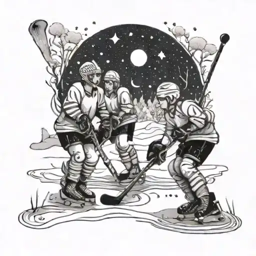 A Group Of Bitches Playing Hockey On A Snowy Field With The Moon Rising In The Background