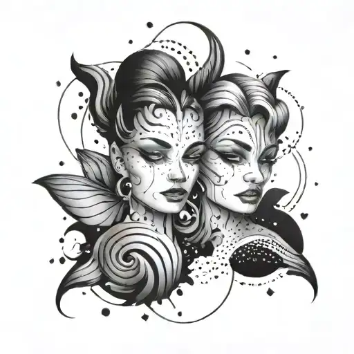 A Tattoo Design Featuring The Gemini Twins In A Modern And Abstract Style