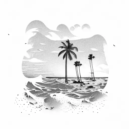 A Serene Beach Scene With Palm Trees And Crashing Waves