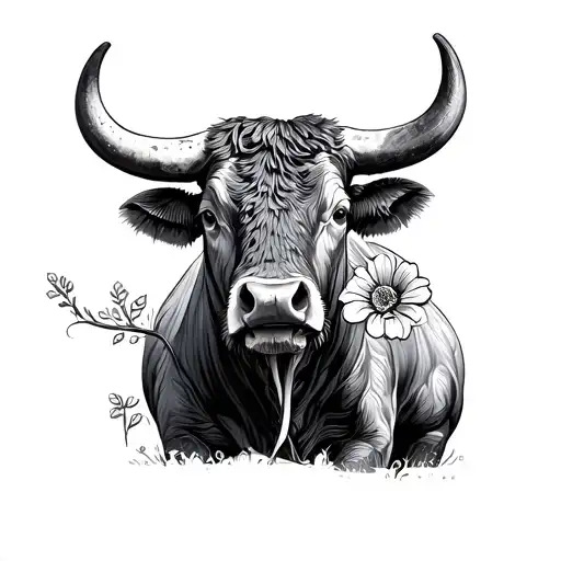 A Big Bull With A Kind Look And A Flower In His Mouth